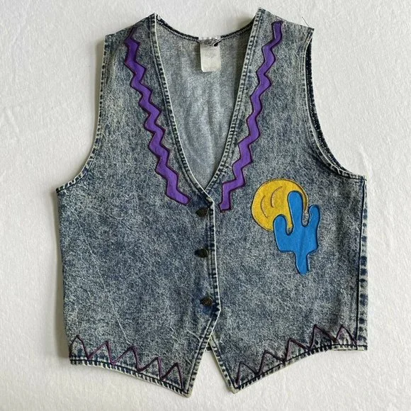 Vintage 80s 90s Hand Painted South Western Acid Wash Denim Vest MEDIUM - Picture 4 of 7